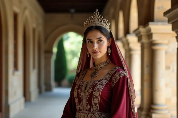 Actrice turque en costume ottoman authentique avec kaftan brodé d'or et parure de perles dans un palais historique