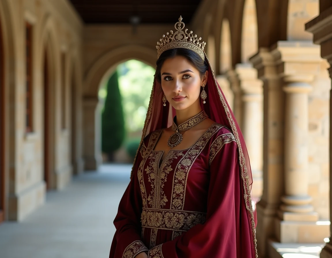 Actrice turque en costume ottoman authentique avec kaftan brodé d'or et parure de perles dans un palais historique