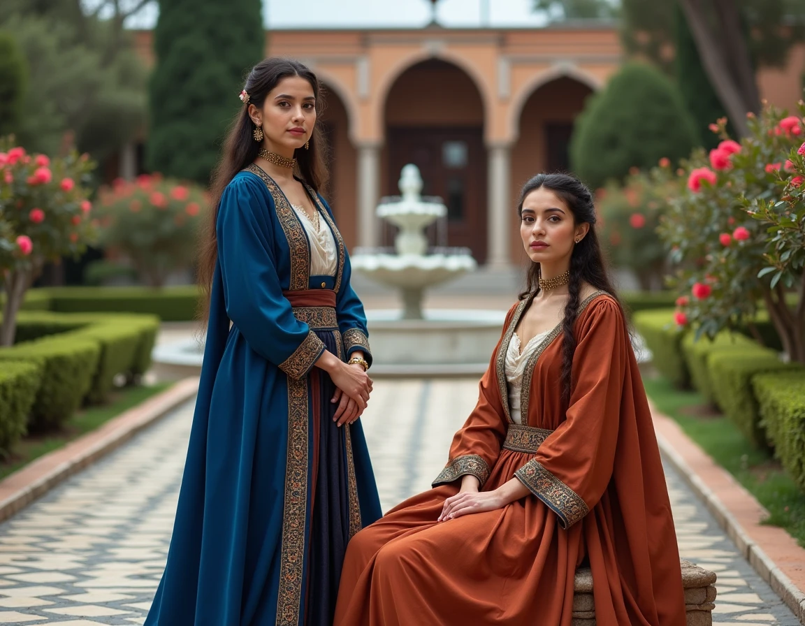 Deux actrices turques en costumes de cour ottomane dans un jardin historique avec fontaine en marbre et carrelage en mosaïque