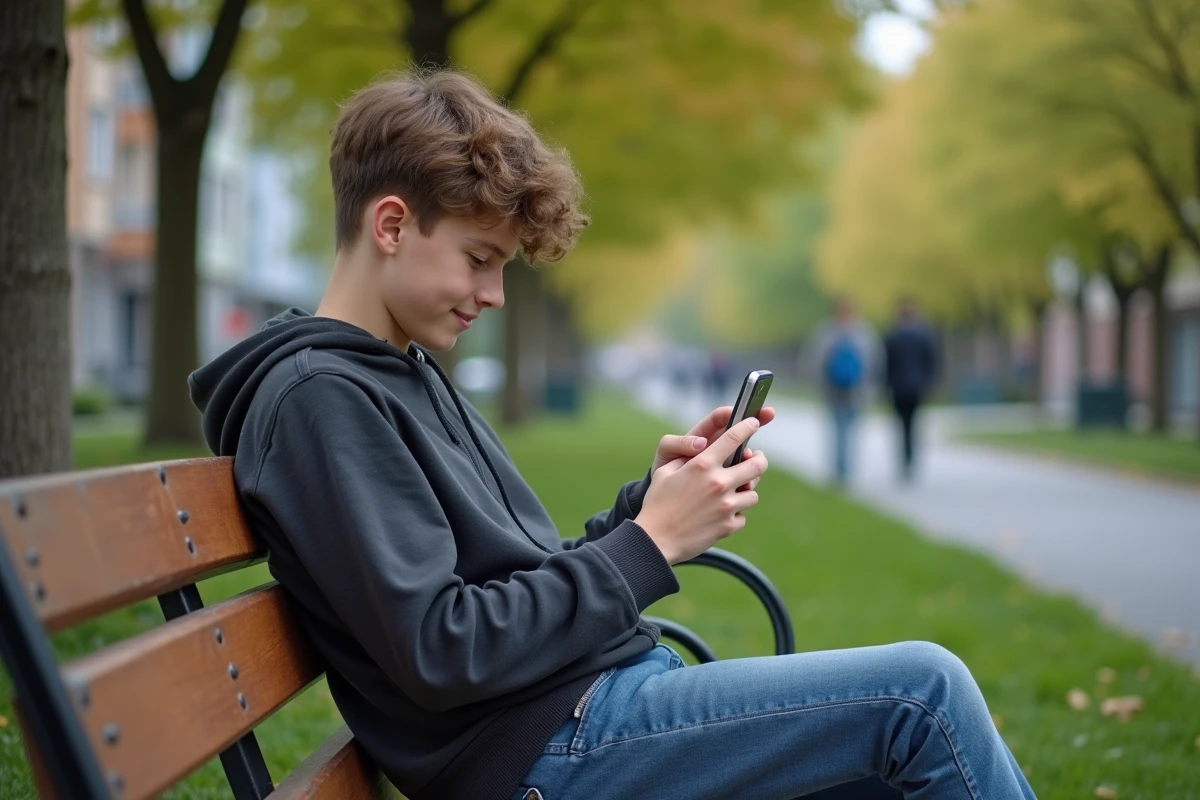 Adolescent en hoodie sur un banc dans un parc urbain