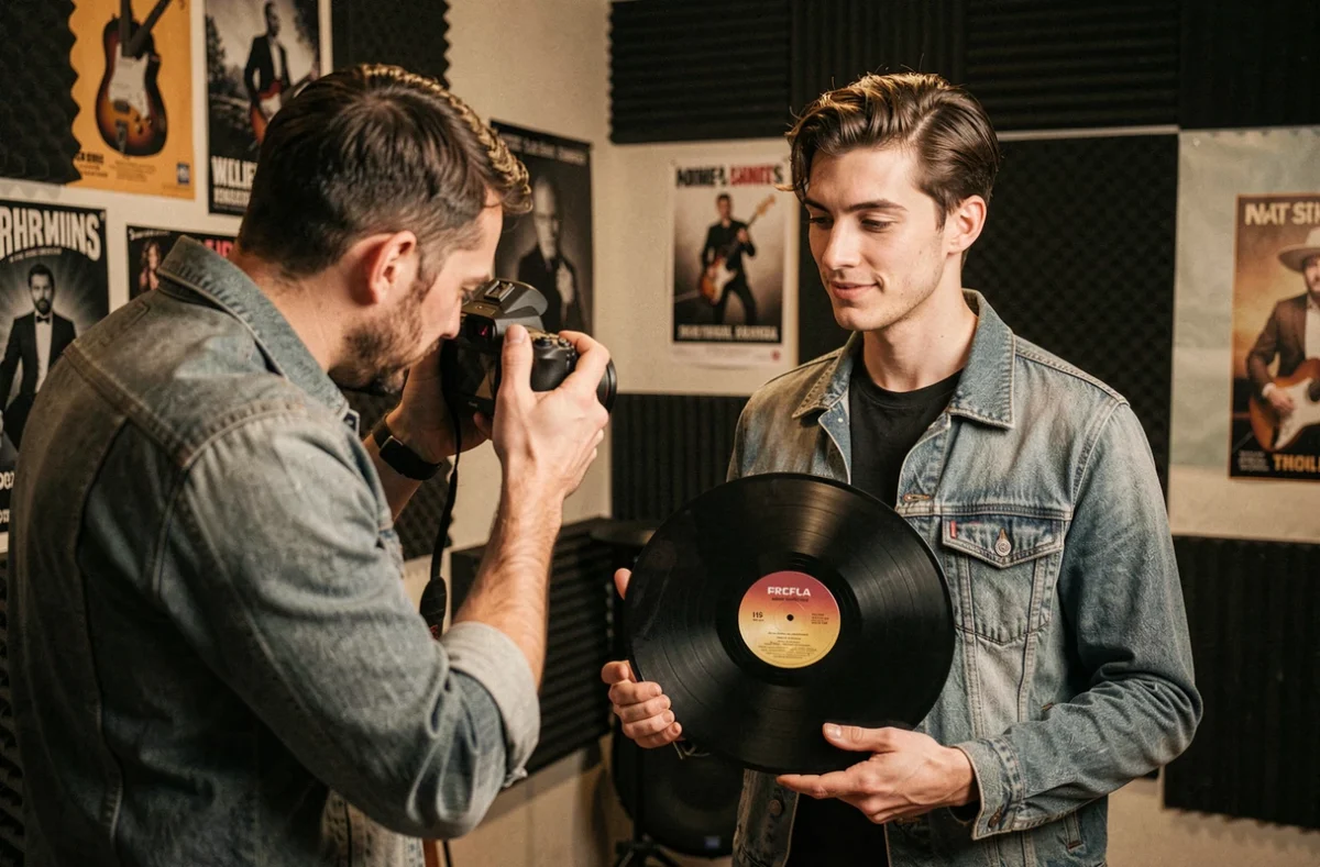 Adrien Music photographiant un artiste musical lors d'une séance presse dans un studio décoré de mousses acoustiques