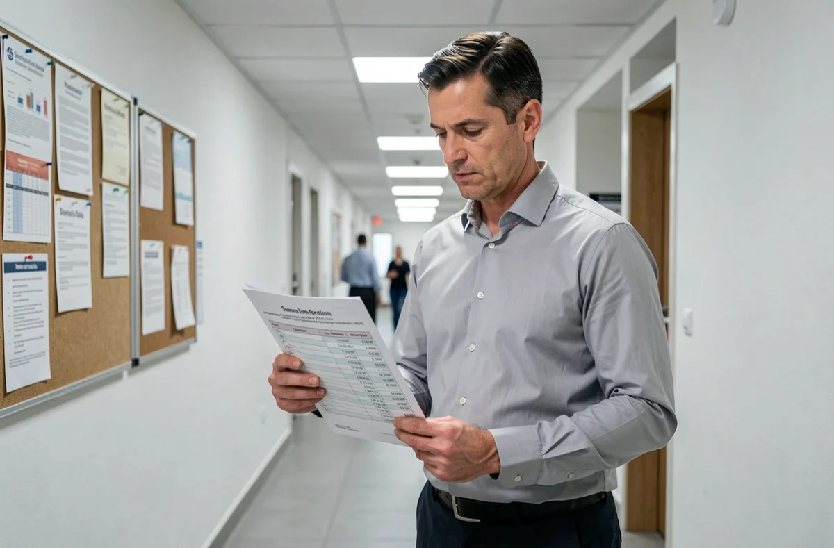 Agent de la fonction publique consultant une grille salariale de catégorie C dans un couloir administratif moderne