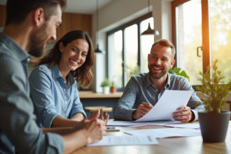 Agent immobilier souriant avec un couple dans une cuisine lumineuse