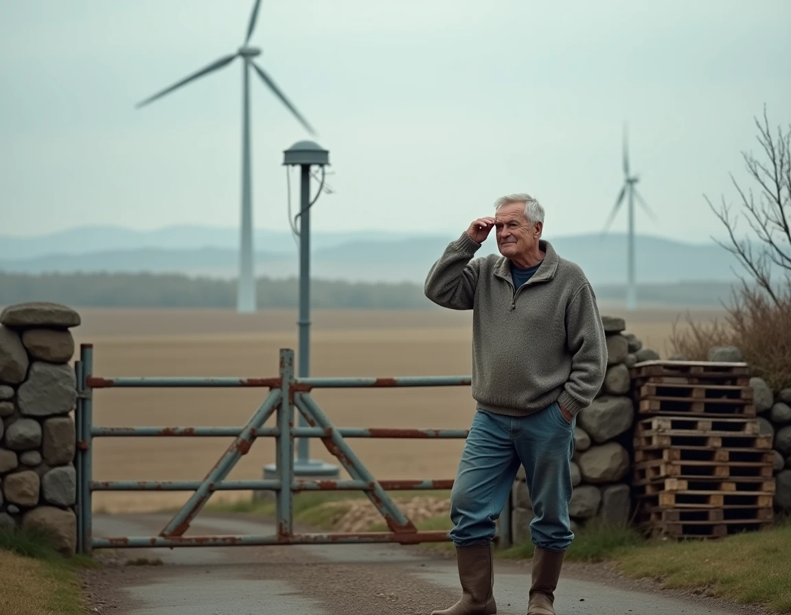 Agriculteur rural observant une éolienne sur son exploitation dans le cadre d'un projet d'énergie coopérative locale