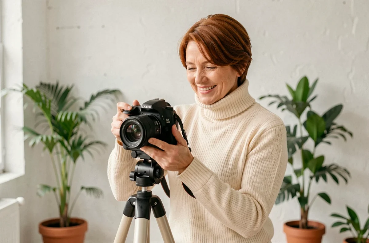 ALIX photographe professionnelle ajustant son appareil photo dans un studio lumineux et végétalisé