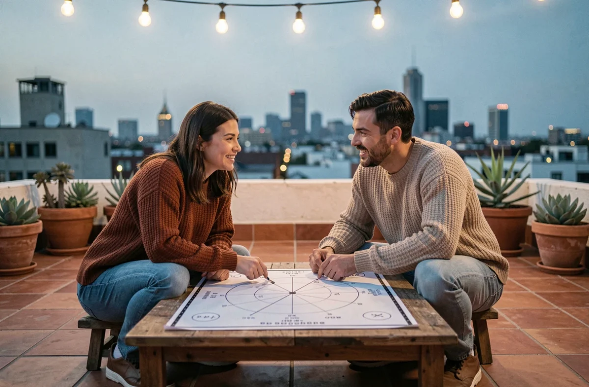 Deux amis explorant ensemble un tableau de compatibilité astrologique sur un toit terrasse urbain, illustrant les relations du signe Cancer du 12 juillet