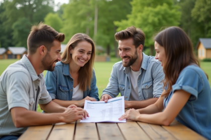 Groupe d'amis autour d'une table en plein air en été