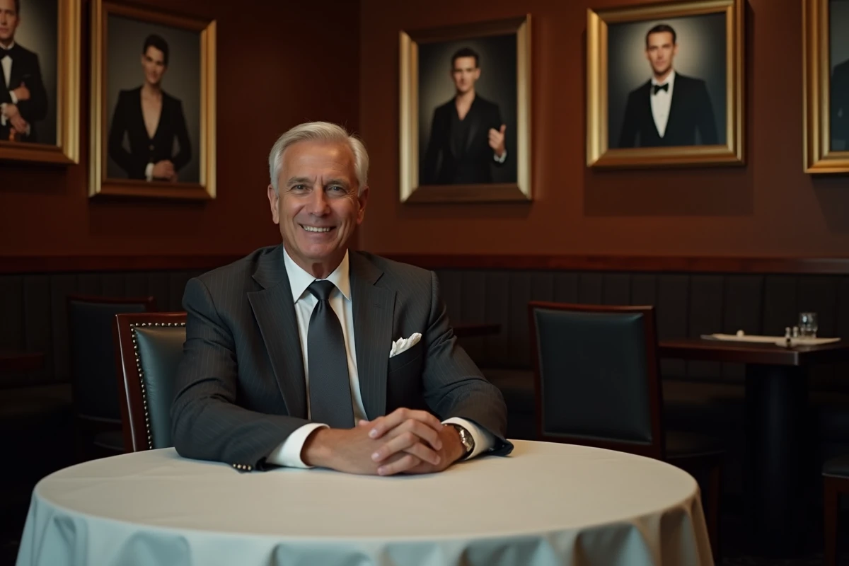 Homme distingué fêtant son anniversaire dans un restaurant de luxe décoré de photos de célébrités