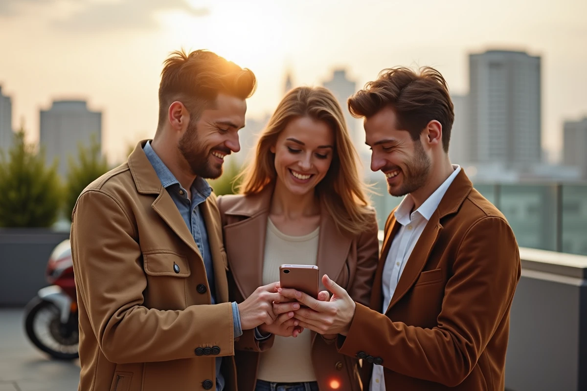 Groupe d'amis consultant un classement des anniversaires de célébrités sur smartphone depuis une terrasse urbaine