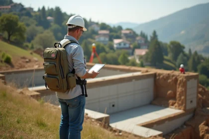 Architecte en extérieur examine une fondation de bâtiment