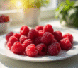 Assortiment de framboises fraîches sur une assiette blanche