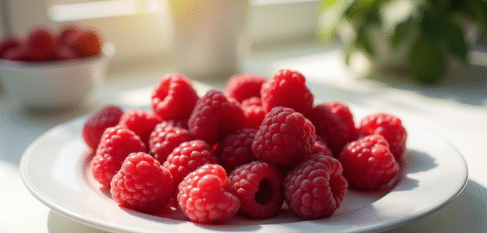 Assortiment de framboises fraîches sur une assiette blanche