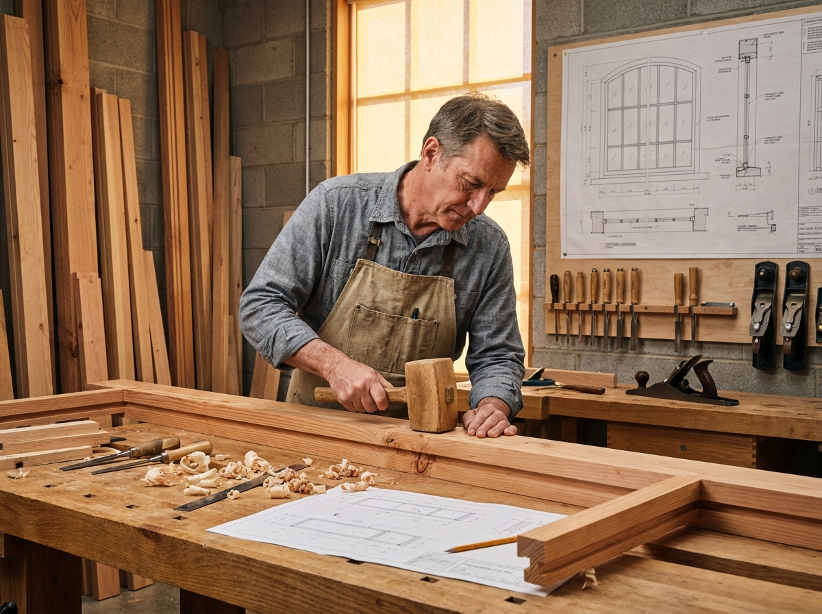Artisan menuisier assemblant le cadre en bois d'une verrière sur mesure dans un atelier avec des plans techniques en détail