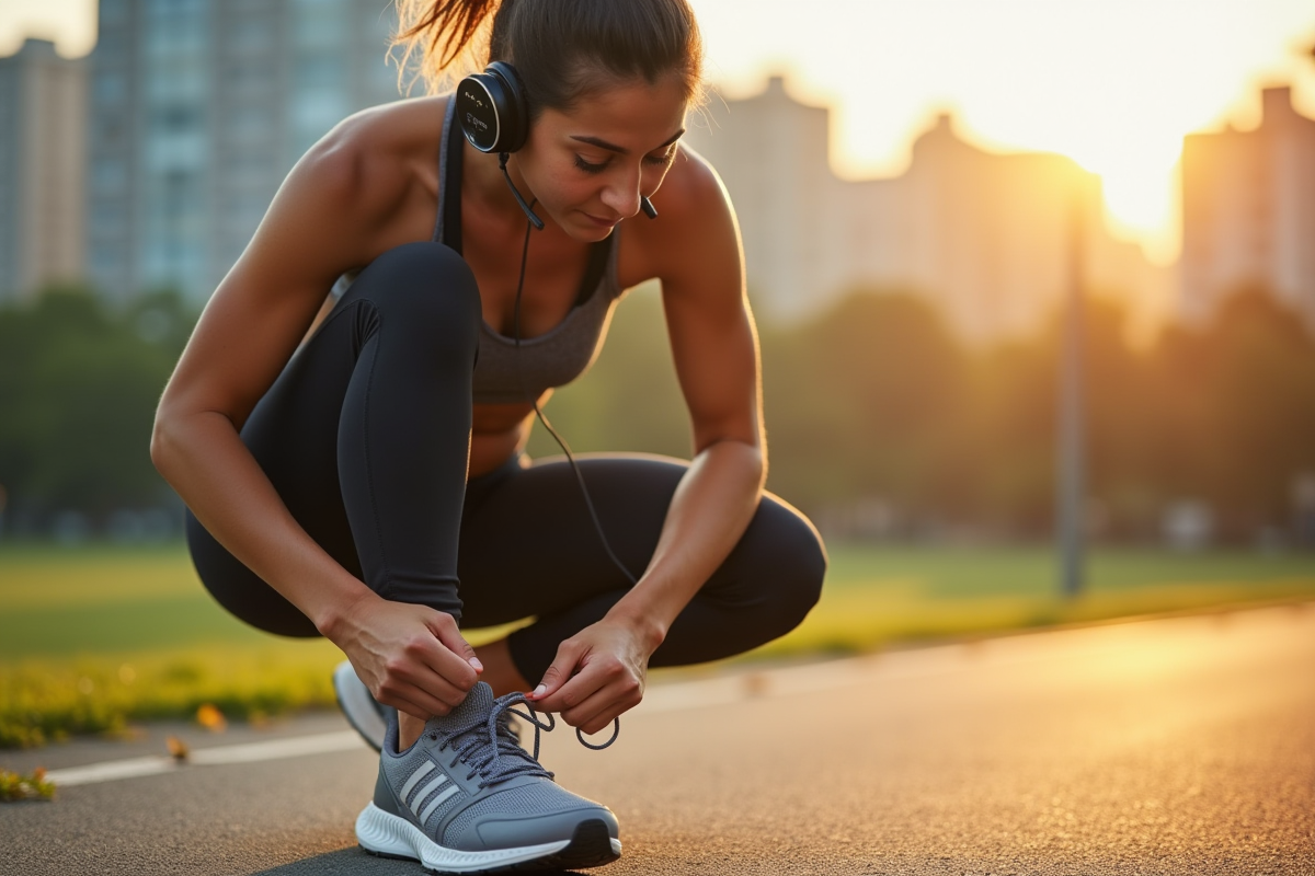 Jeune athlète nouant ses chaussures de course avec casque sans fil