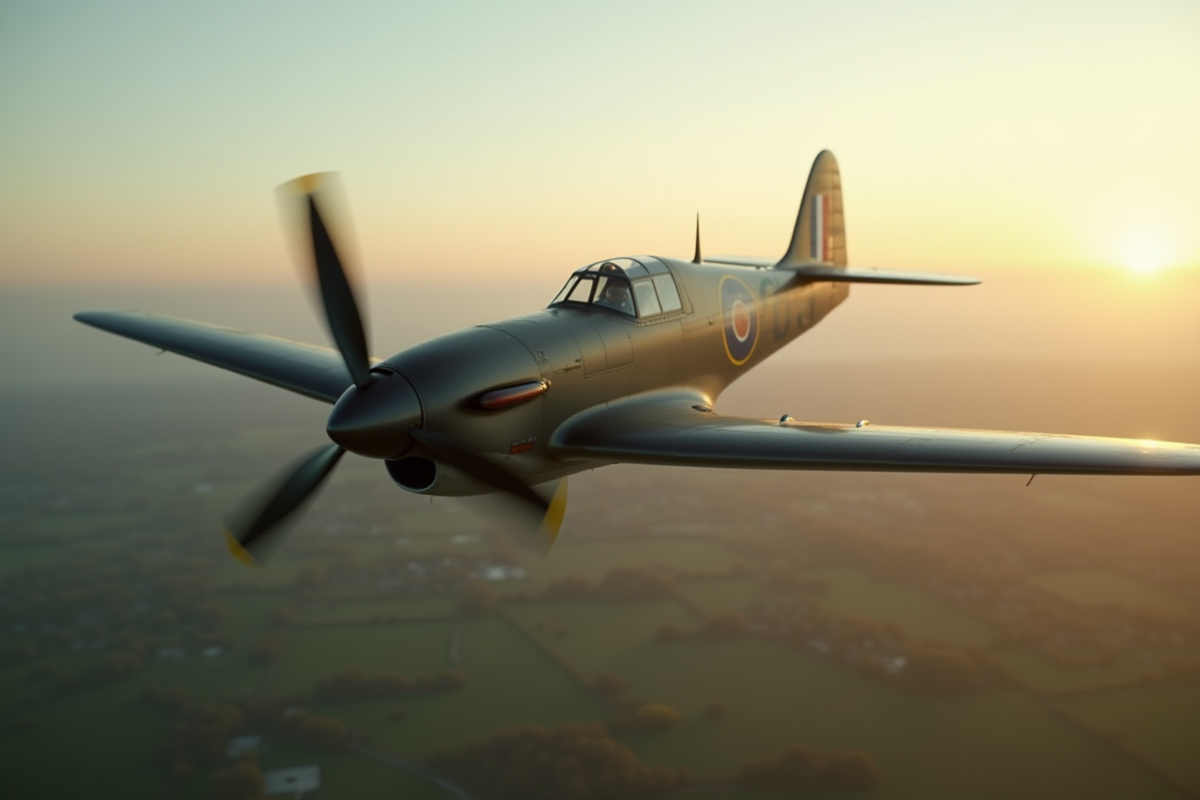 Avion raf survolant la campagne anglaise au matin