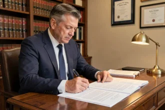 Avocat spécialisé en droit du travail analysant un contrat de travail dans un bureau juridique