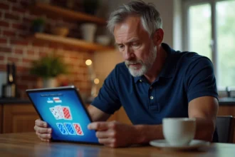 Homme jouant à la belote coinchée en ligne sur une tablette à une table en bois dans une cuisine chaleureuse