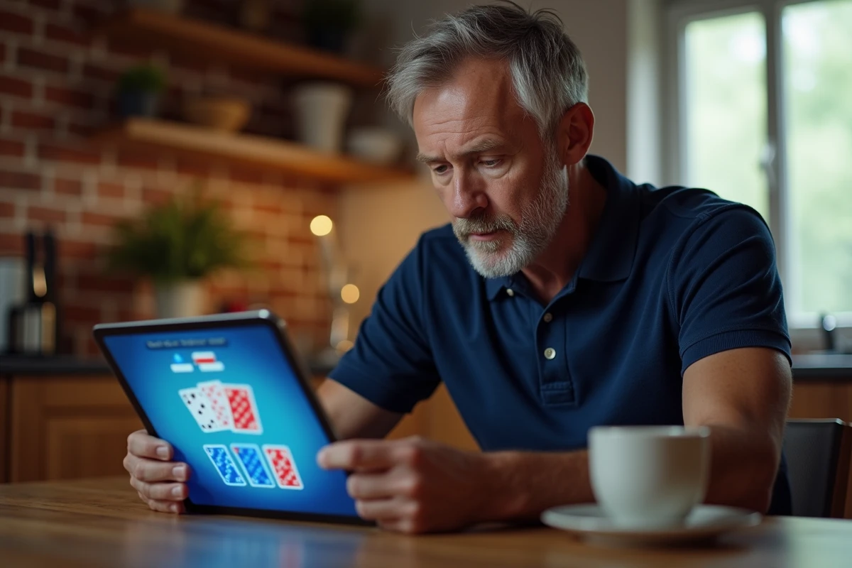 Homme jouant à la belote coinchée en ligne sur une tablette à une table en bois dans une cuisine chaleureuse