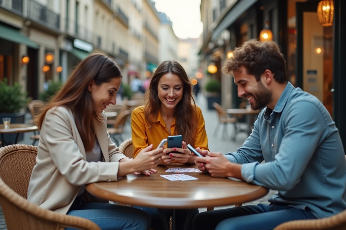 Groupe d'amis jouant à la belote coinchée en ligne sur smartphones dans un café parisien en terrasse