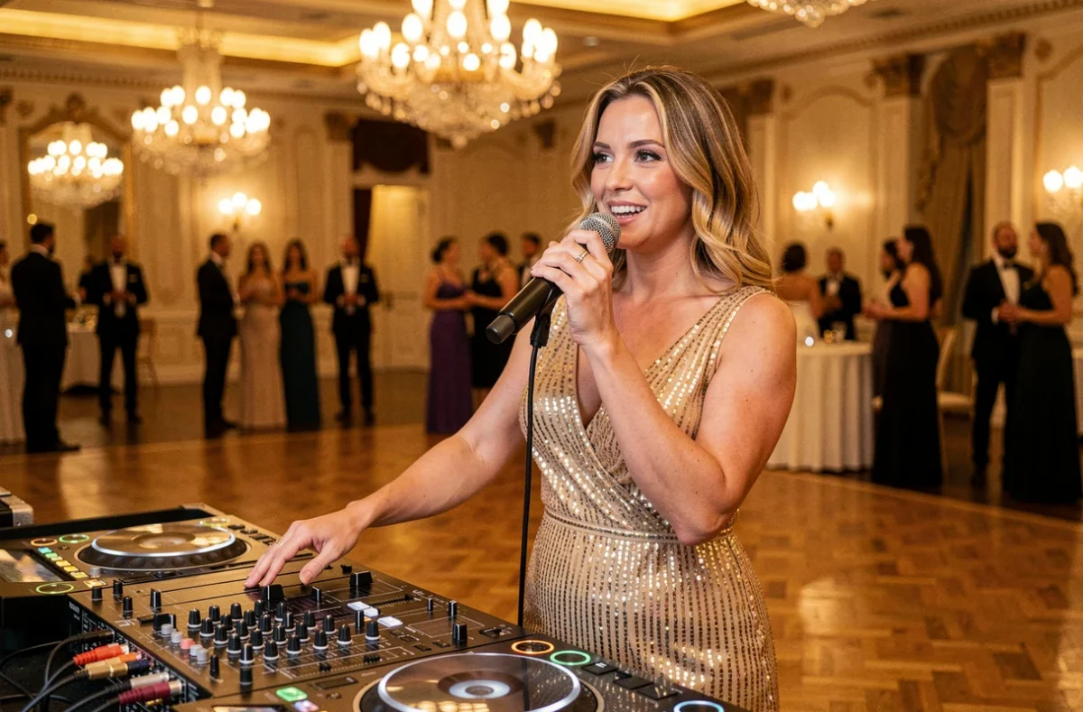 Cachou, DJ et chanteuse professionnelle, en double performance lors d'un gala privé élégant, tenant un micro tout en mixant dans un salon de bal aux lustres ornés