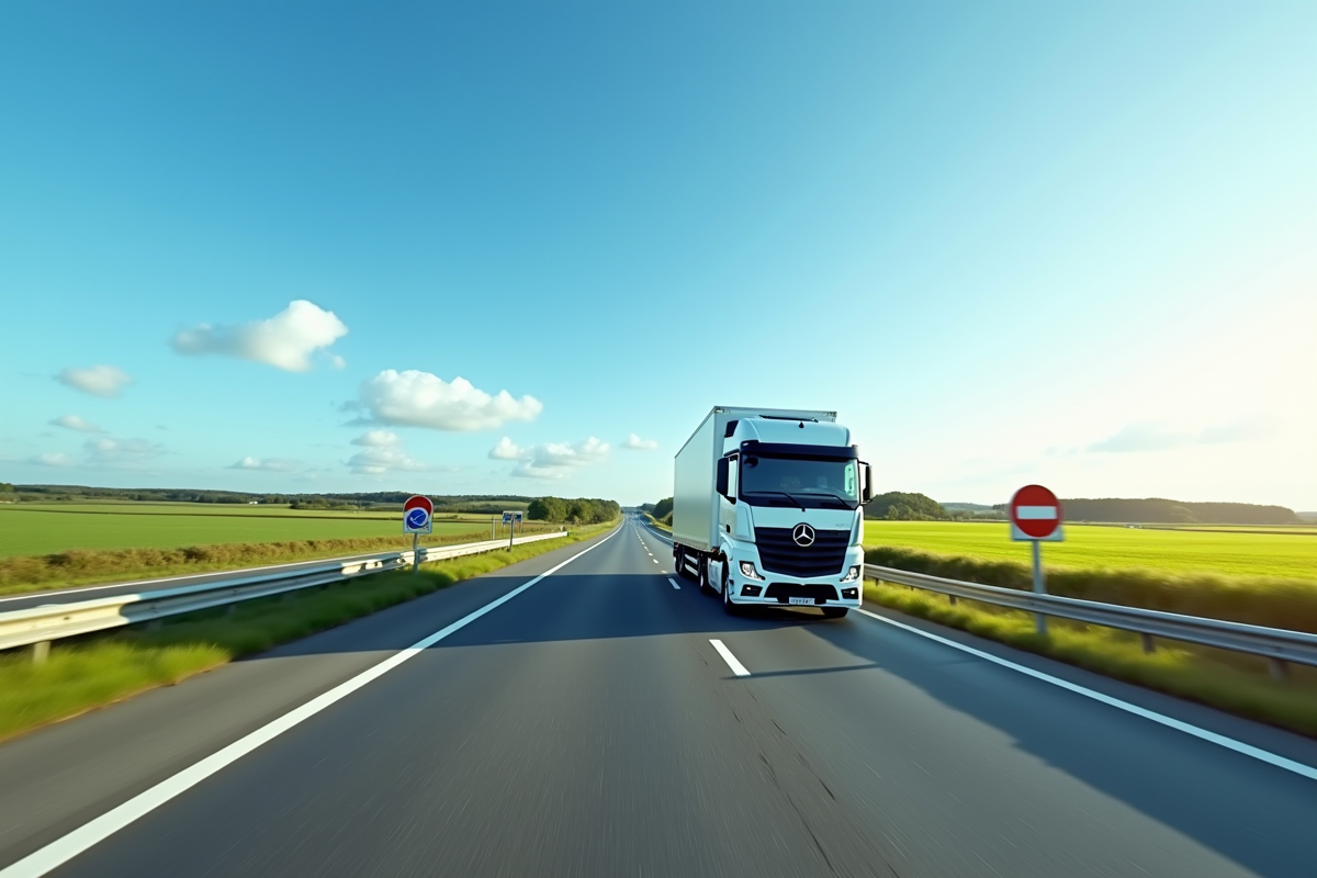 Camion sur une route moderne en Bretagne avec panneaux bretons