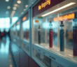 Vitrine fermée avec cigarettes électroniques derrière un panneau non vapotage dans un aéroport