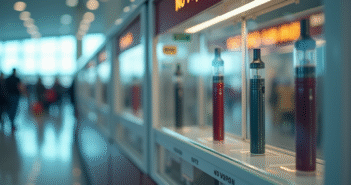 Vitrine fermée avec cigarettes électroniques derrière un panneau non vapotage dans un aéroport