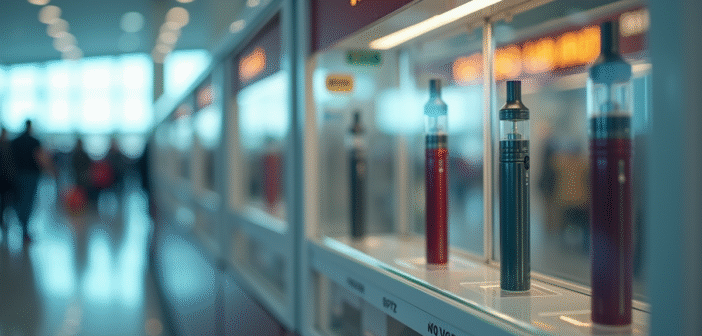 Vitrine fermée avec cigarettes électroniques derrière un panneau non vapotage dans un aéroport