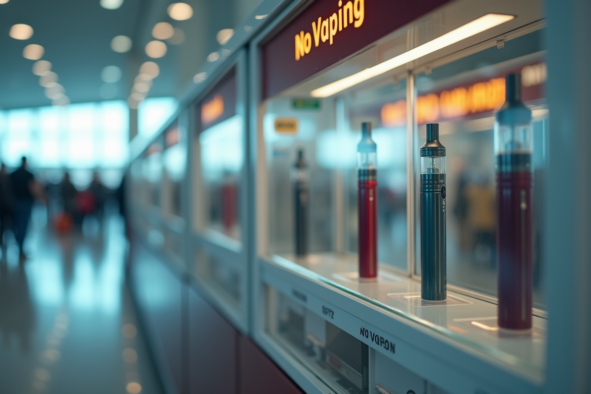 Vitrine fermée avec cigarettes électroniques derrière un panneau non vapotage dans un aéroport