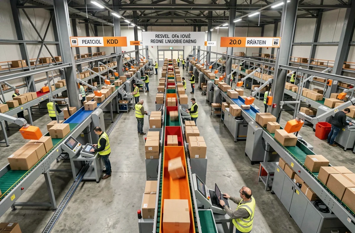 Vue aérienne intérieure d'un centre de tri automatisé La Poste avec des colis sur des convoyeurs