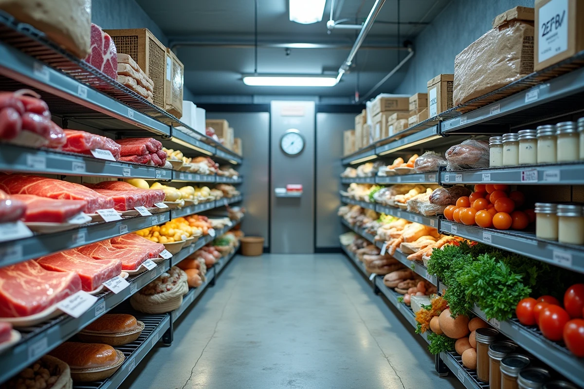 Chambre froide d'un restaurant à Toulon avec des approvisionnements alimentaires organisés et étiquetés sur des étagères métalliques