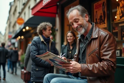 Chanteur français souriant autographe un vinyle dans une rue parisienne