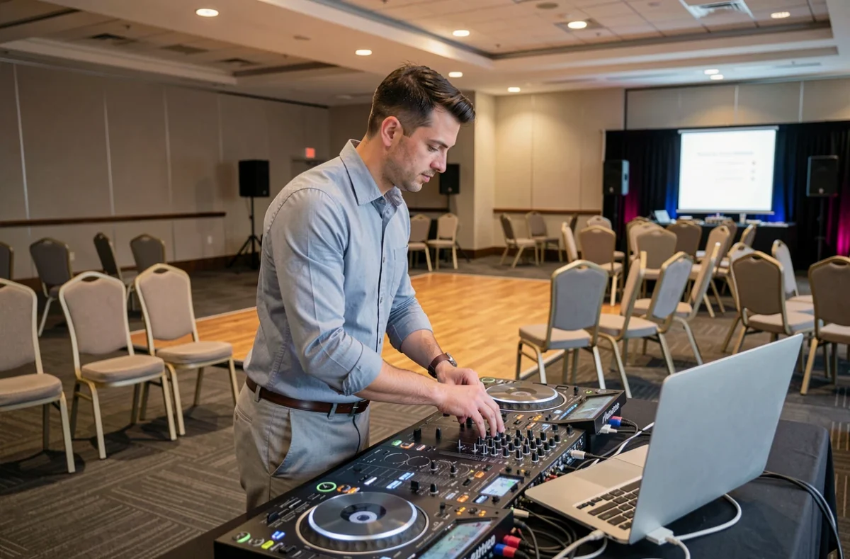 Charlie Glad, DJ événementiel polyvalent, en train d'installer son matériel professionnel dans une salle d'événement mixte avant une soirée d'entreprise