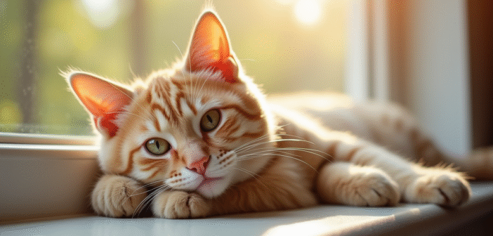 Chat beige relaxant sur une fenetre ensoleillee