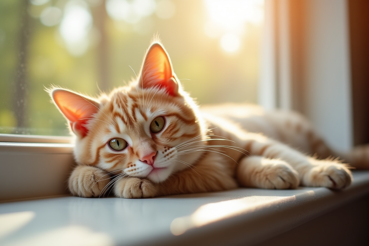 Chat beige relaxant sur une fenetre ensoleillee