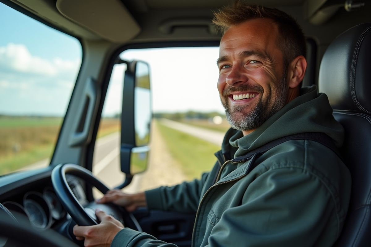 Chauffeur de camion souriant en se ravitaillant en Bretagne