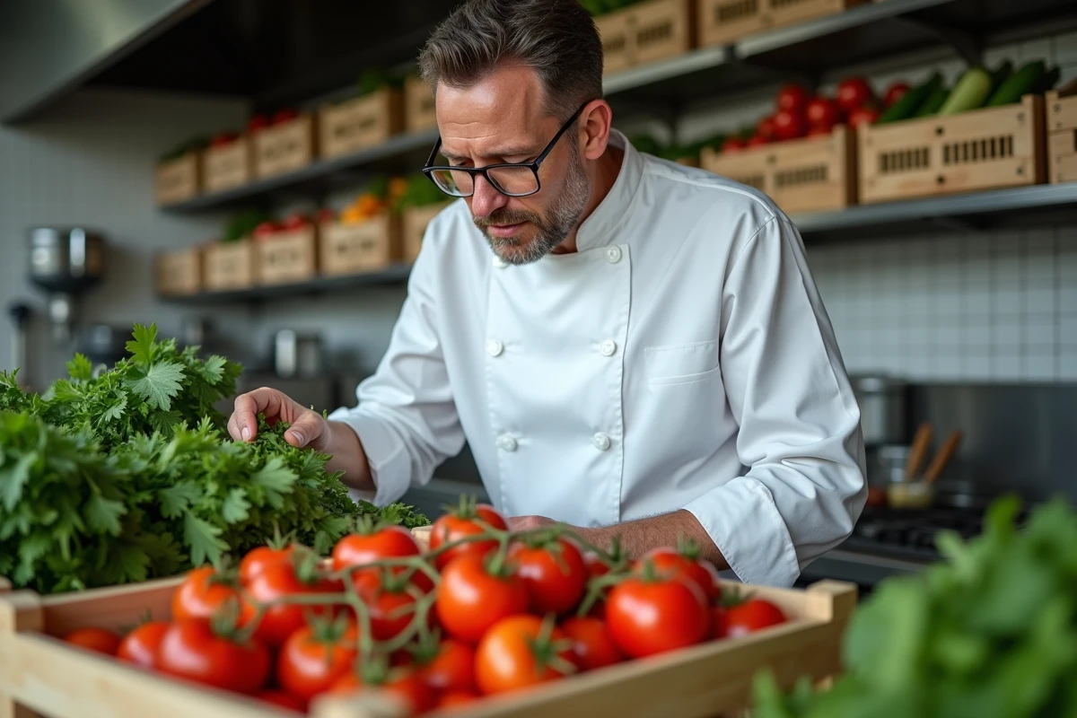 Chef de restaurant à Toulon inspectant des approvisionnements en légumes frais de producteurs locaux provençaux