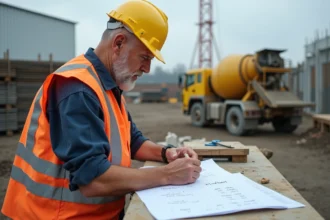 Chef de chantier calculant la conversion de kilogrammes en tonnes sur une fiche de calcul, site de construction en arrière-plan