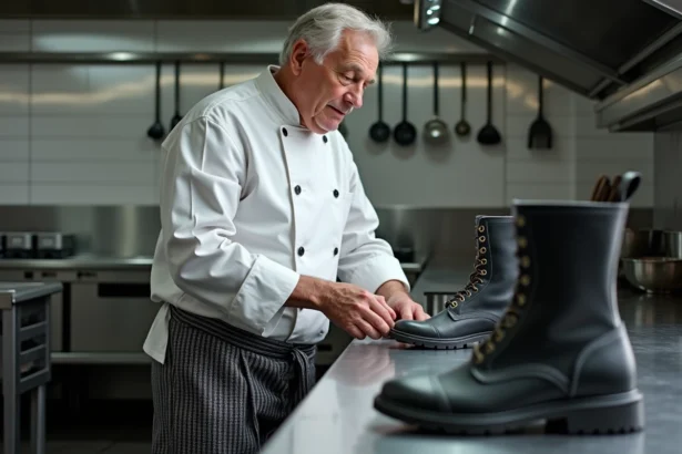 Chef professionnel examinant chaussures de sécurité en cuisine