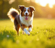 Chien australien shepherd courant dans un champ ensoleille