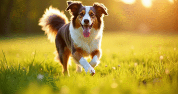 Chien australien shepherd courant dans un champ ensoleille