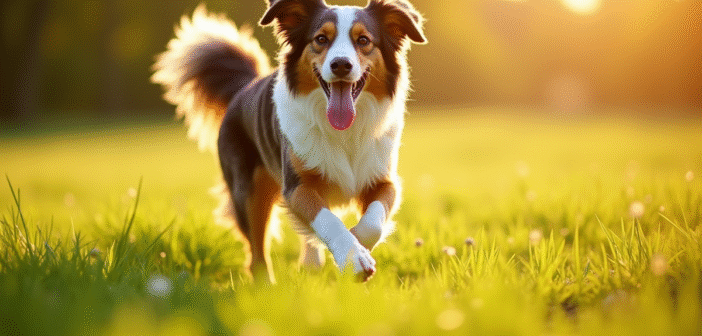 Chien australien shepherd courant dans un champ ensoleille