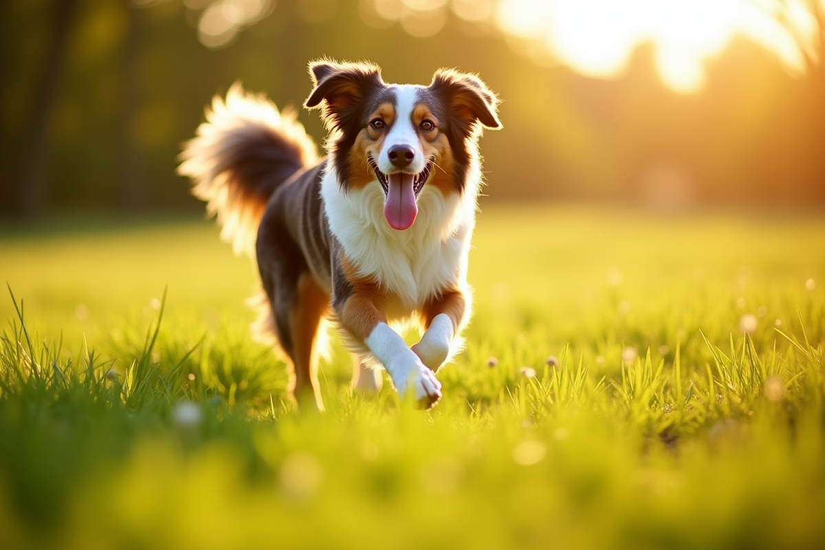 Chien australien shepherd courant dans un champ ensoleille