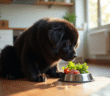 Chien Newfoundland mangeant dans une cuisine moderne