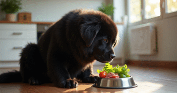 Chien Newfoundland mangeant dans une cuisine moderne