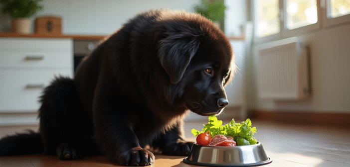 Chien Newfoundland mangeant dans une cuisine moderne