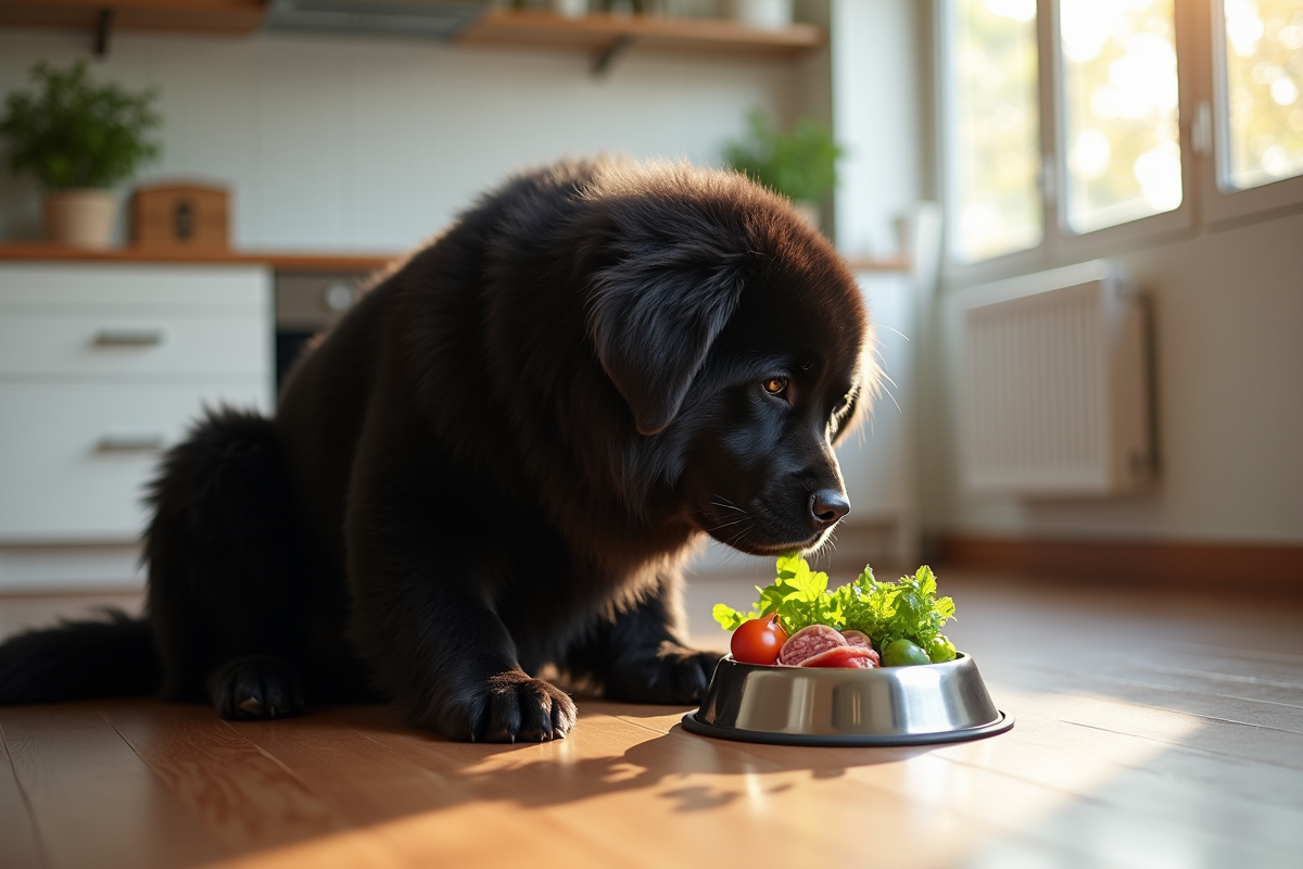 Chien Newfoundland mangeant dans une cuisine moderne