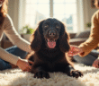 Chiot cocker spaniel noir assis sur un tapis dans un salon lumineux