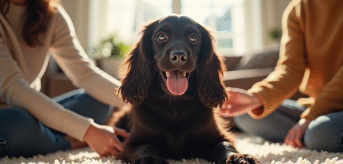 Chiot cocker spaniel noir assis sur un tapis dans un salon lumineux