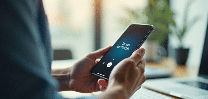 Client tenant un smartphone dans un bureau moderne
